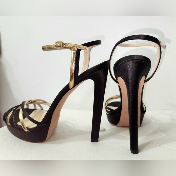 JIMMY CHOO GORGEOUS BLACK SATIN & GOLD ANKLE STRAP SANDALS 40.5 - Picture 8 of 16